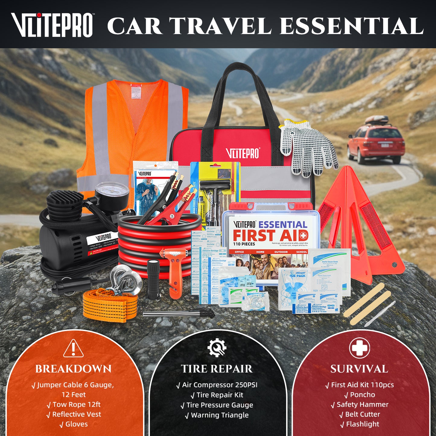 Car Emergency Kit,Roadside Emergency Car Kit for Vehicles,with Portable Air Compressor,Jumper Cable for Women,Men,Teen