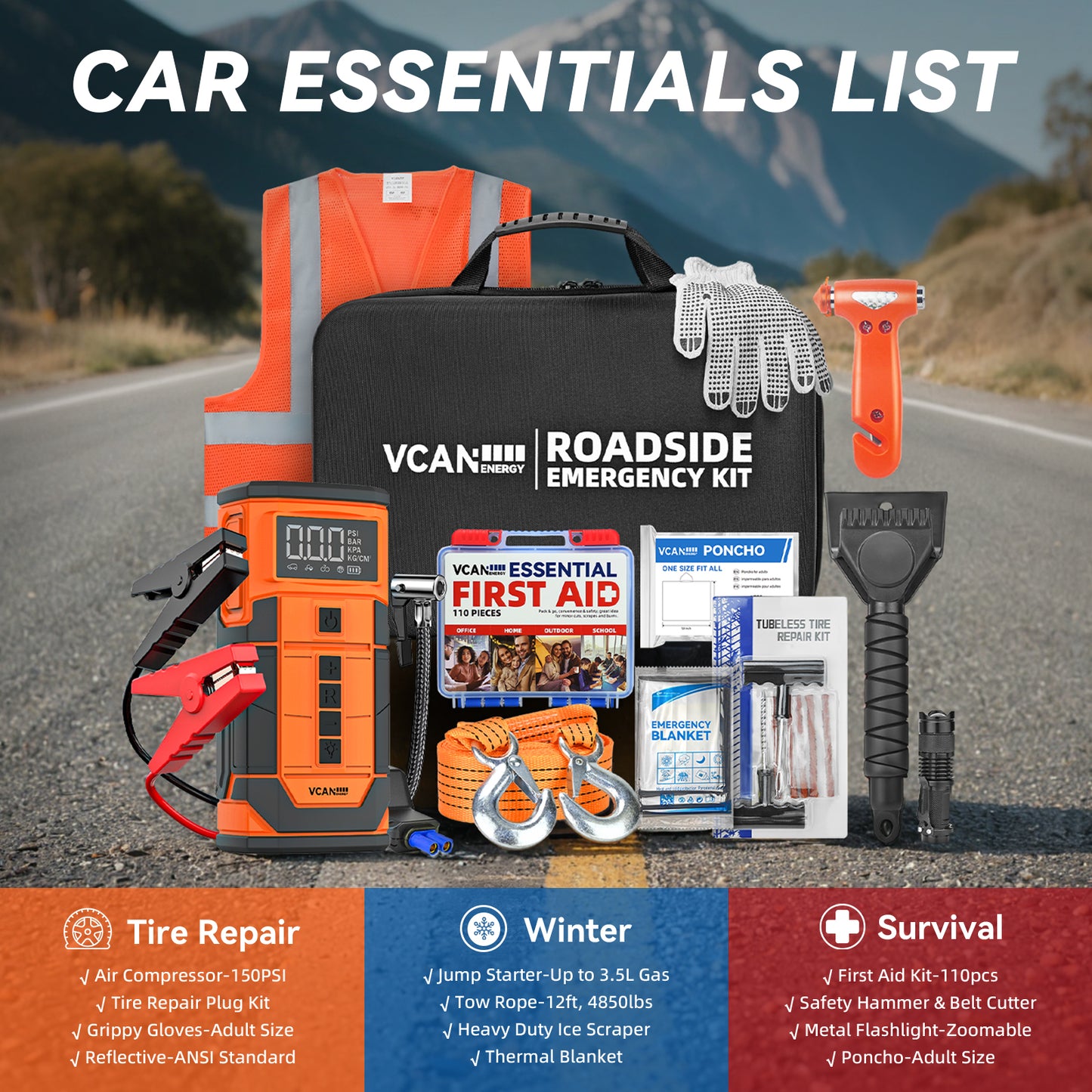 Jump Starter with Air Compressor, Roadside Emergency Car Kit with 12V Portable Battery Jump Starter & Tire Inflator for Cars, Trucks, SUVs-Car Emergency Kit for Women, Men, Teen