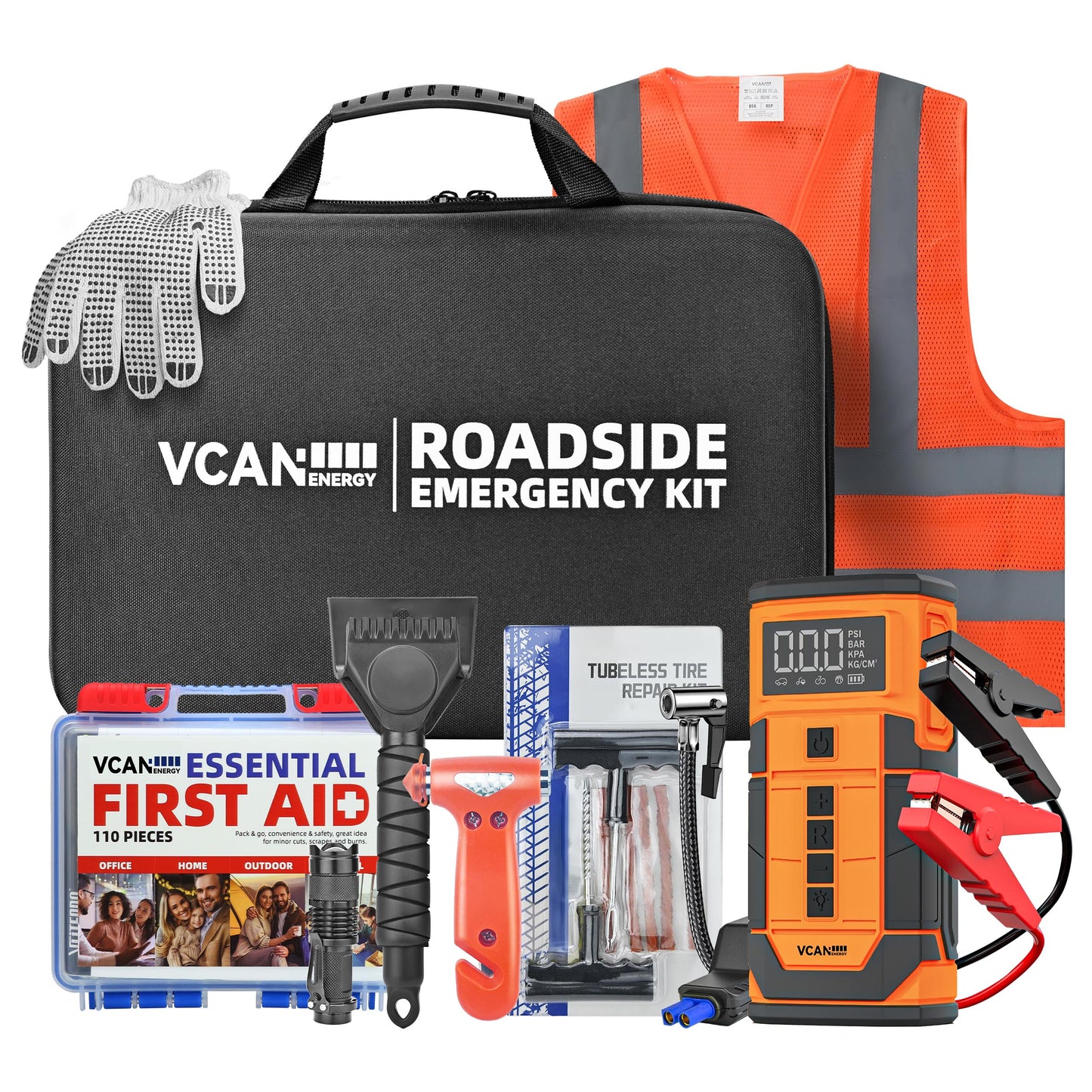 Jump Starter with Air Compressor, Roadside Emergency Car Kit with 12V Portable Battery Jump Starter & Tire Inflator for Cars, Trucks, SUVs-Car Emergency Kit for Women, Men, Teen