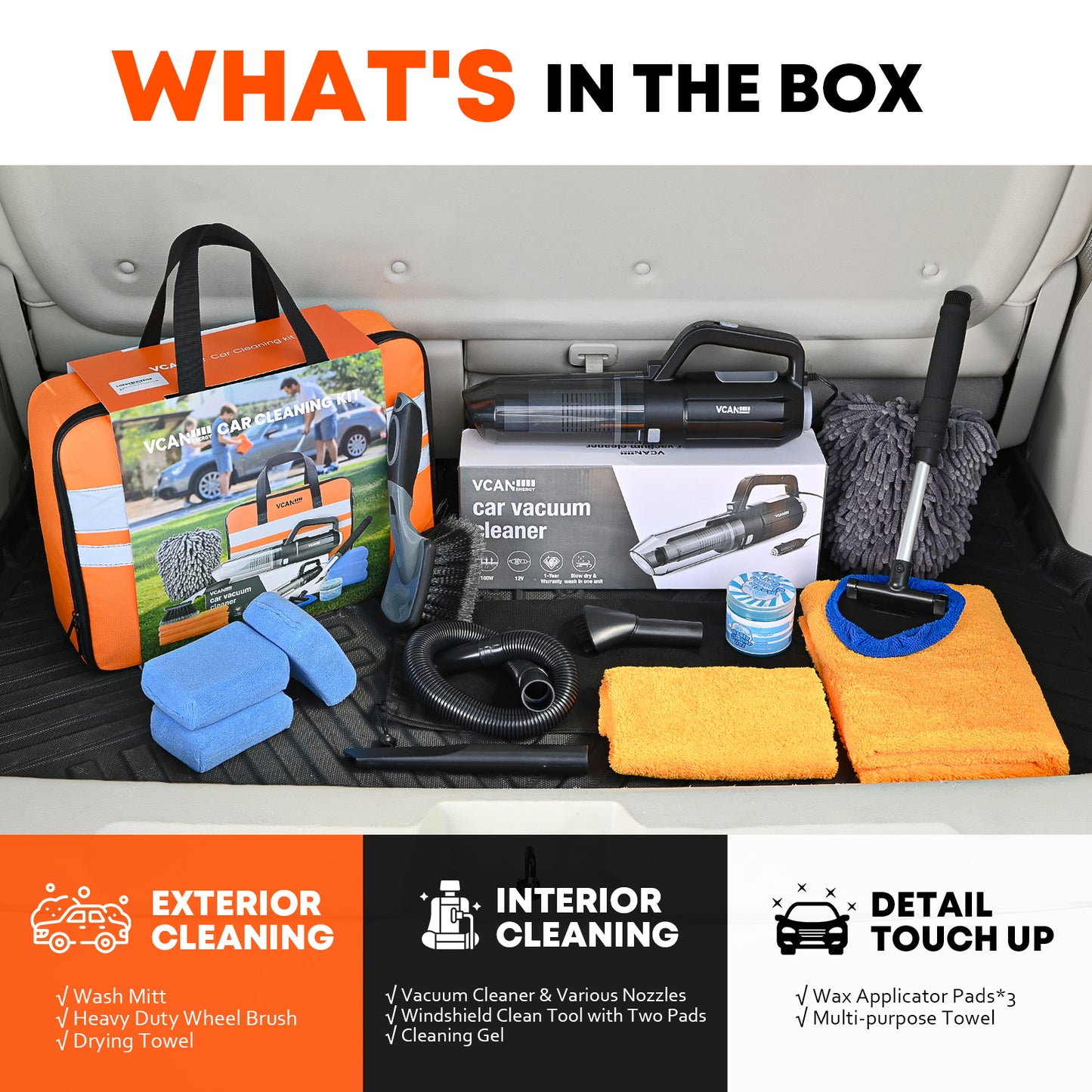 Car Cleaning kit, VCANENERGY Detailing Kit for Interior Cleaner with Car Vacuum Cleaner, Wheel Brush, Microfiber Towel, Wash Mitt, Windshield Cleaner, Interior and Exterior Car Wash Kit for Women, Men