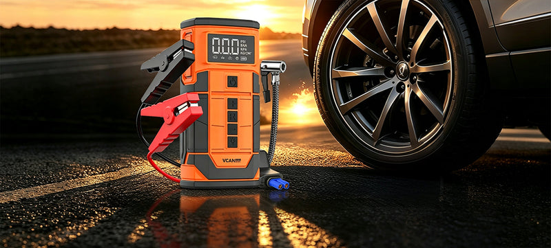 8000mAh portable jump starter and air compressor combo unit