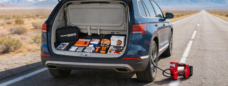 VCANENERGY car emergency kit with jumper cables and safety triangles on a highway.