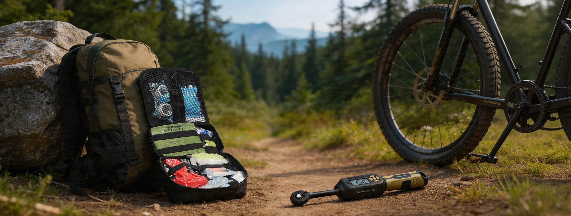  VCANENERGY camping first aid kit with medical supplies on a forest trail.