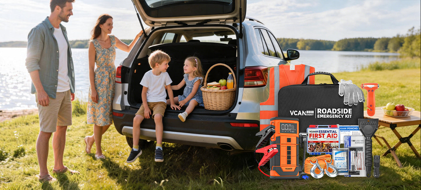 Vcanenergy portable jump starter with 150PSI air compressor and digital display
