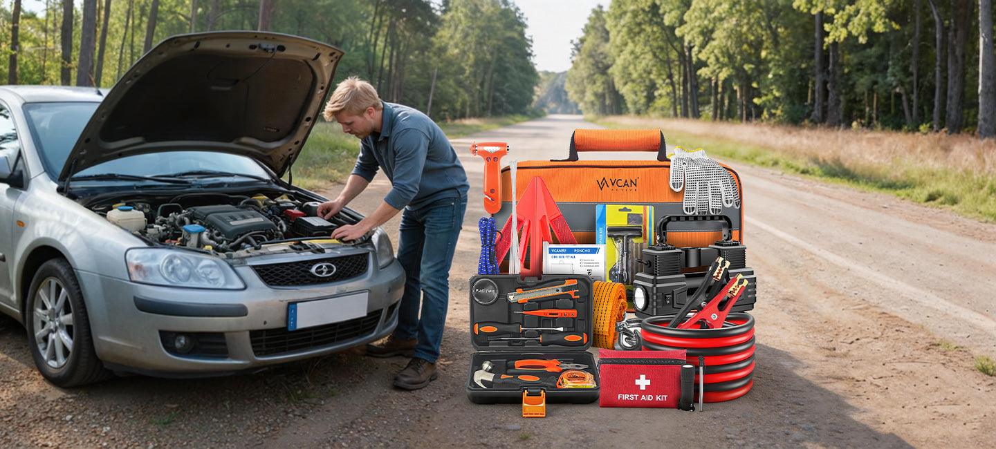Vcanenergy 112 Pcs Car Roadside Emergency Kit - Heavy Duty Automotive Safety Set
