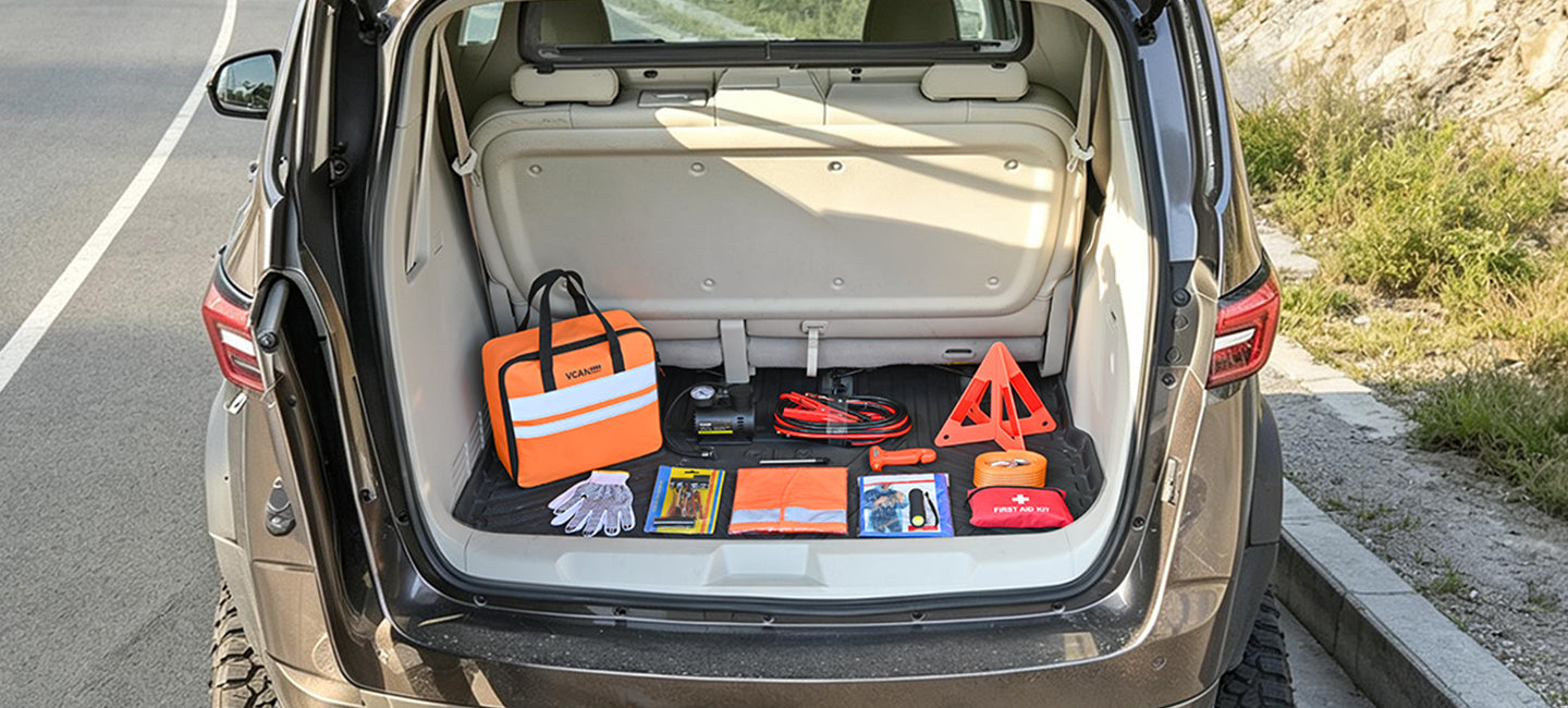 Vcanenergy 43pcs premium roadside emergency kit open on the road shoulder