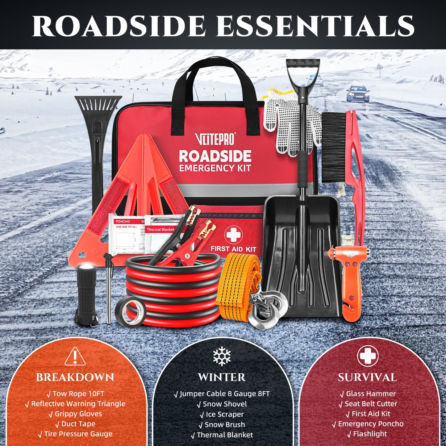 Roadside Emergency Car Kit for Vehicles, Car First Aid Kit Emergency Kit with Jumper Cables, Snow Shovel, Tow Strap, Car Safety Kits, Road Trip Assistance for Men, Women, New Driver Gifts