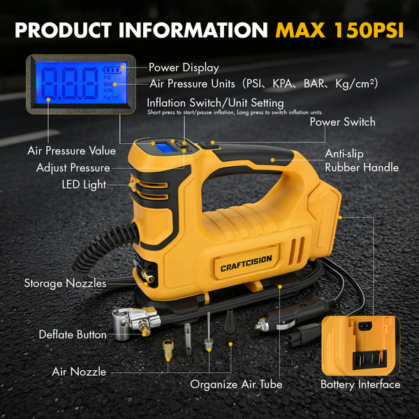 Dual Power Tire Inflator Fit for Dewalt Battery-Yellow