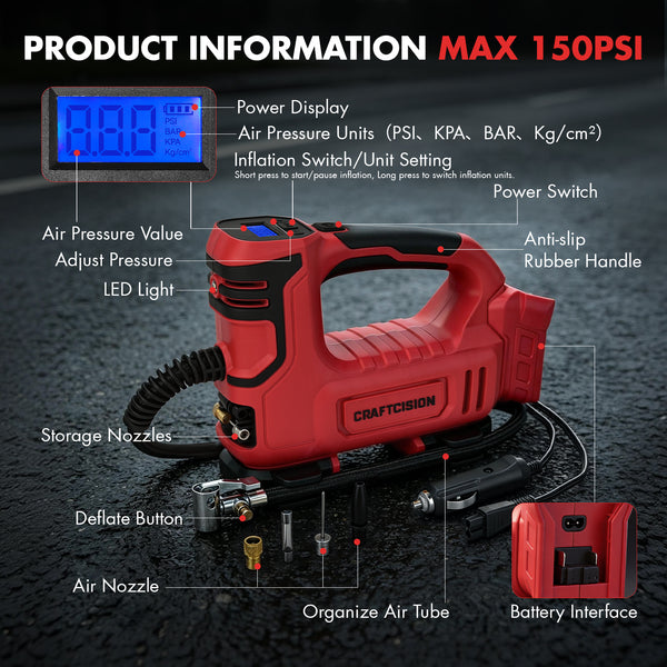 Dual Power Tire Inflator Fit for Milwaukee Battery-Red