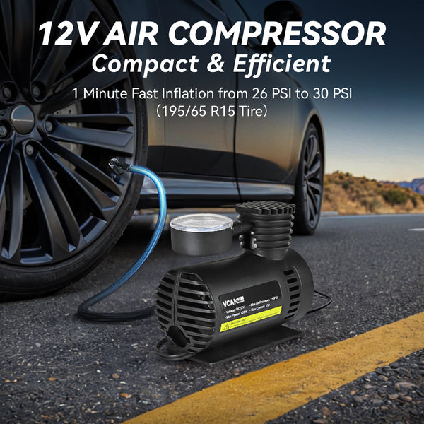 Portable air compressor tire inflator with digital pressure gauge and multiple nozzle attachments. - Vcanenergy 43pcs Premium Car Roadside Emergency Kit - Classic Roadside Safety Set