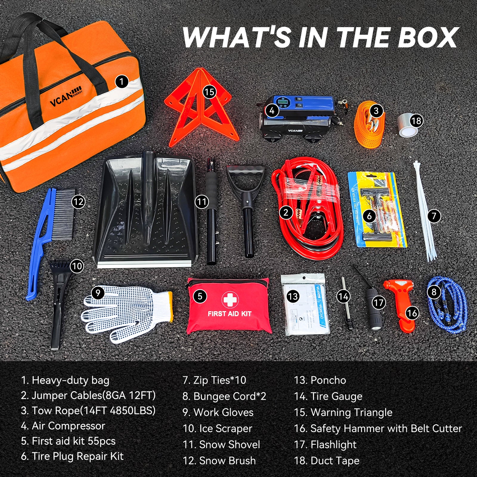 Vcanenergy 92 Pcs Roadside Emergency Kit (Orange) - Comprehensive Car