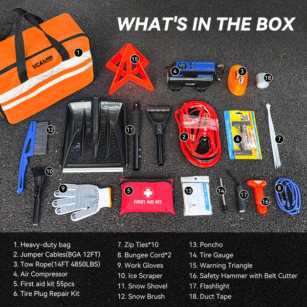 Portable air compressor tire inflator with digital pressure gauge and multiple nozzle attachments. - 92 Pcs Roadside Emergency Kit (Orange) - Comprehensive Car Safety Tool Set