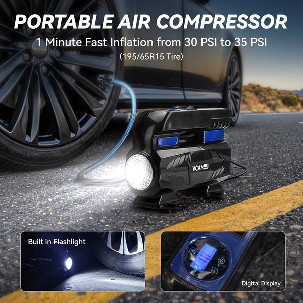 Portable air compressor tire inflator with digital pressure gauge and multiple nozzle attachments. - 92 Pcs Roadside Emergency Kit (Orange) - Comprehensive Car Safety Tool Set