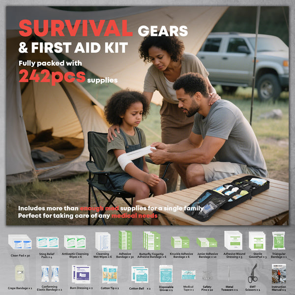 Professional car emergency tool and roadside safety accessory - 242 Pcs Tactical Survival Kit with Molle Pouch - Emergency Camping Gear