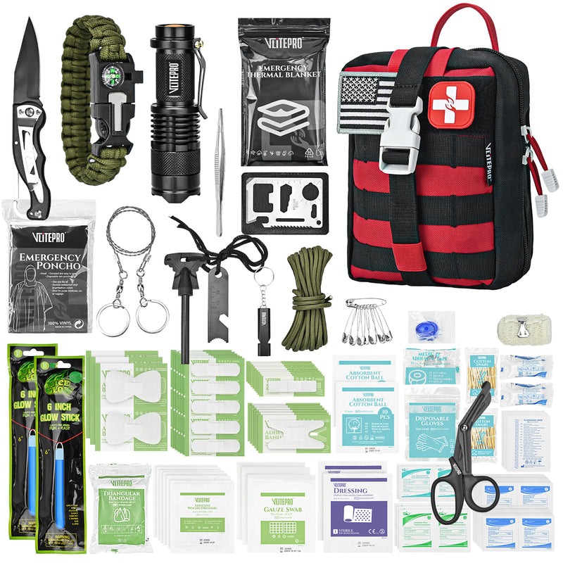 242 Pcs Tactical Survival Kit with Molle Pouch - Emergency Camping Gear-Red