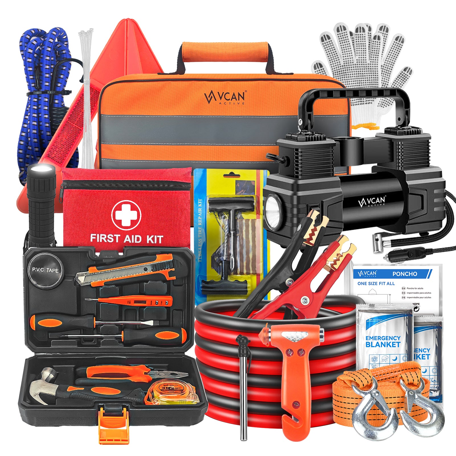 Vcanenergy 112 Pcs Car Roadside Emergency Kit - Heavy Duty Automotive