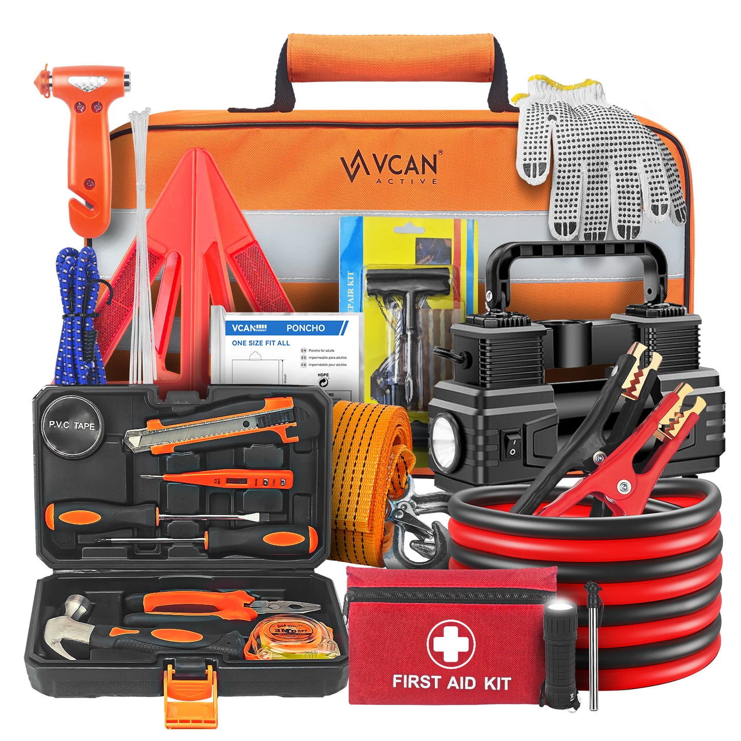 Car Emergency Kit with Portable Air Compressor, First Aid Kit, Jumper Cables, Roadside Safety Emergency Tool Kit for Women, Men, Teen