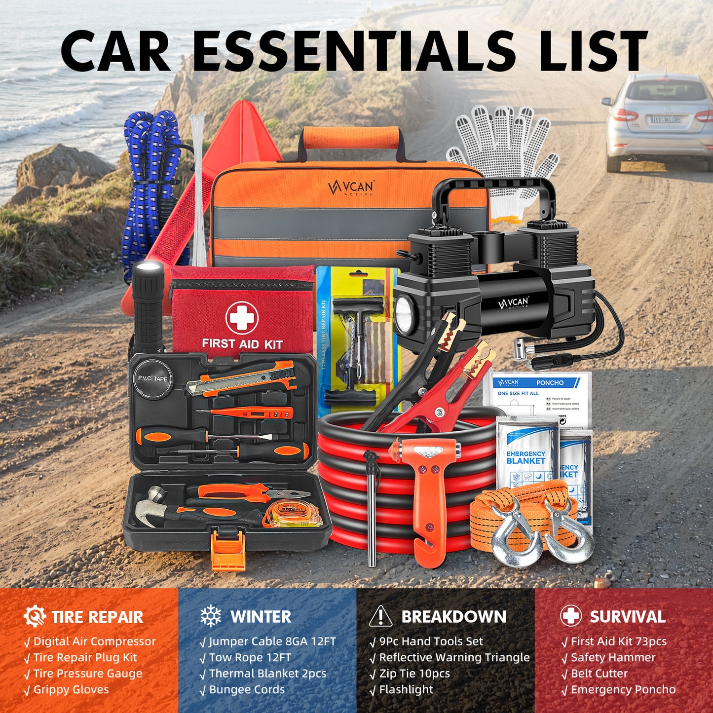 Car Emergency Kit with Portable Air Compressor, First Aid Kit, Jumper Cables, Roadside Safety Emergency Tool Kit for Women, Men, Teen