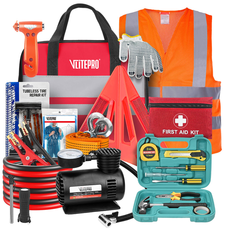 Vcanenergy Roadside Emergency Kit with Jumper Cables, First Aid Kits and Tool Set