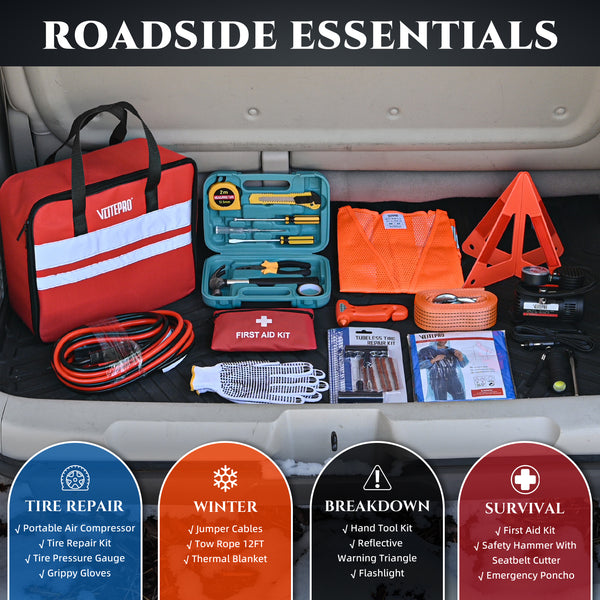 Vcanenergy Roadside Emergency Kit with Jumper Cables, First Aid Kits and Tool Set