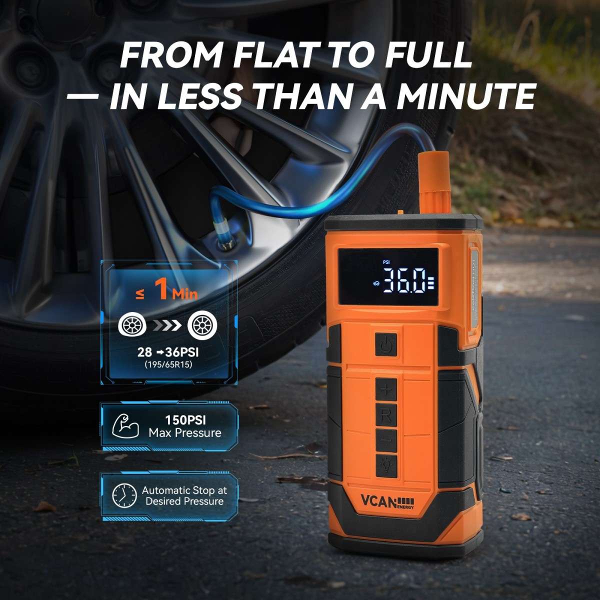 Vcanenergy 8000mAh Portable Car Jump Starter with 150PSI Air Compresso