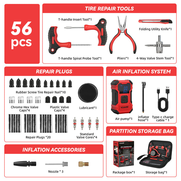 Vcanenergy Dual Power Tire Inflator Repair Kit (RED)