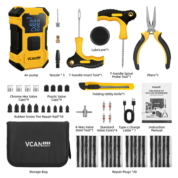 Vcanenergy Dual Power Tire Inflator Repair Kit (YELLOW)
