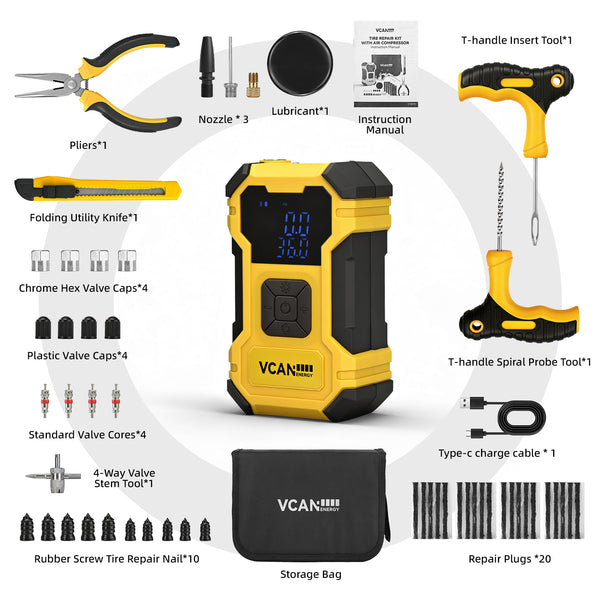 Vcanenergy Dual Power Tire Inflator Repair Kit (YELLOW)