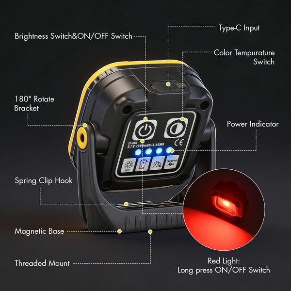 Professional car emergency tool and roadside safety accessory - Rechargeable Magnetic LED Work Light (Yellow) - Portable COB Inspection Lamp