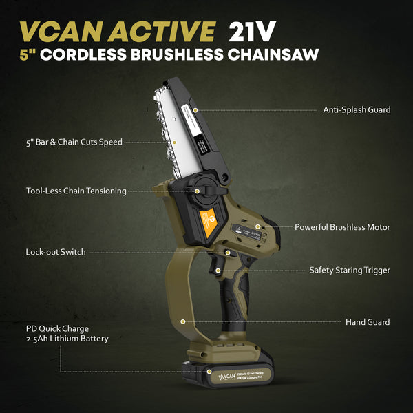 Dual rechargeable LED work lights with magnetic base and adjustable tripod for bright site lighting. - 21V Cordless 5" Mini Chainsaw - 2 Battery Pack for Tree Pruning