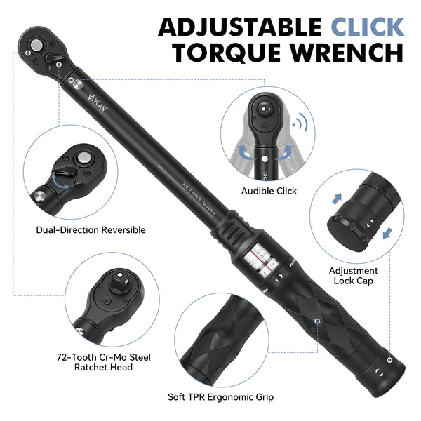 Professional car emergency tool and roadside safety accessory - 3/8" Drive Click Torque Wrench - 7.37-44.25 Ft.Lb / 10-60 N.M with Wrench Sockets