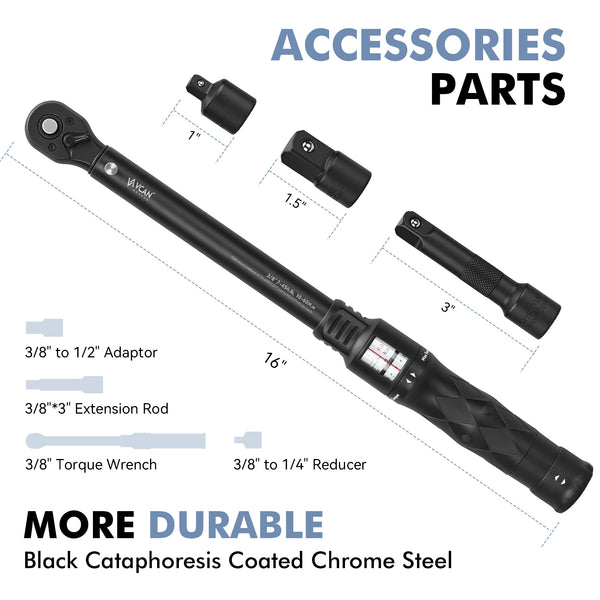 Professional car emergency tool and roadside safety accessory - 3/8" Drive Click Torque Wrench - 7.37-44.25 Ft.Lb / 10-60 N.M with Wrench Sockets