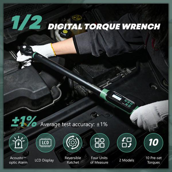 Digital torque wrench showing precise measurement on a large screen - 1/2" Digital Torque Wrench (12.5-250.7 Ft.Lb) - High Precision Electronic Tool
