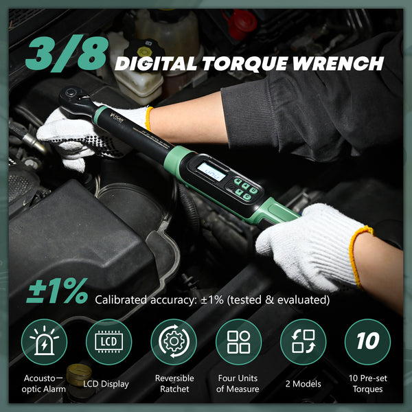 Professional car emergency tool and roadside safety accessory - 3/8" Drive Digital Torque Wrench - 5.02-99.6 Ft.Lb High Accuracy,Reach Accessories Kit