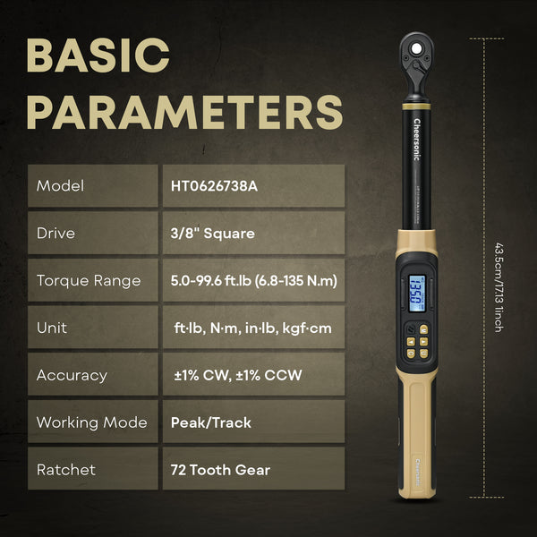 3/8 Drive Digital Torque Wrench 5.0-99.6 ft·lb (6.8-135N.m) | ±1% Accuracy Electronic Torque Wrench