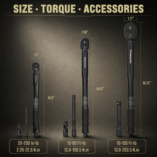 3 in 1 Torque Wrench Set 1/4" 3/8" 1/2" Drive 20-200 In.lb 10-80 / 10-150 Ft.lb | Reinforced Cr-V Gears