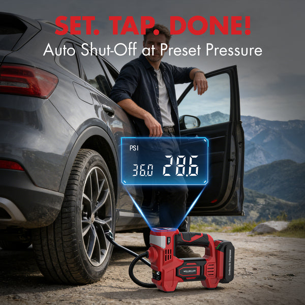 Professional car emergency tool and roadside safety accessory - 20V Cordless Portable Tire Inflator - 150PSI Rechargeable Air Pump
