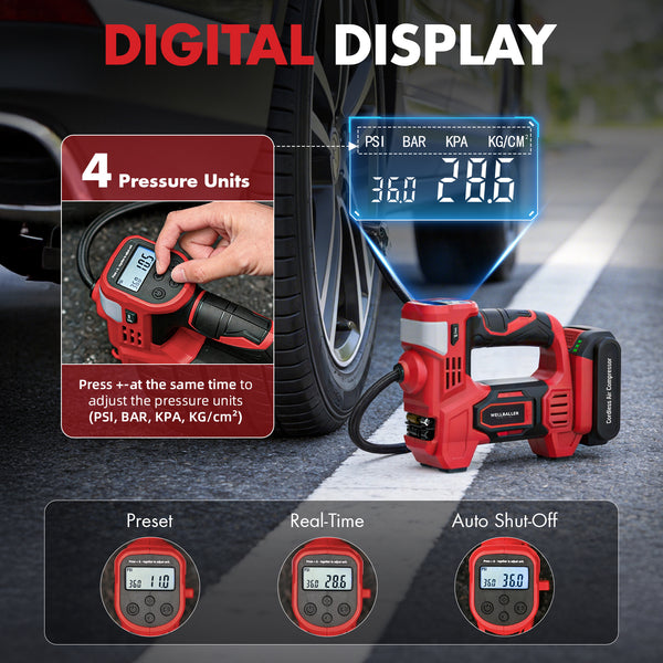 Professional car emergency tool and roadside safety accessory - 20V Cordless Portable Tire Inflator - 150PSI Rechargeable Air Pump
